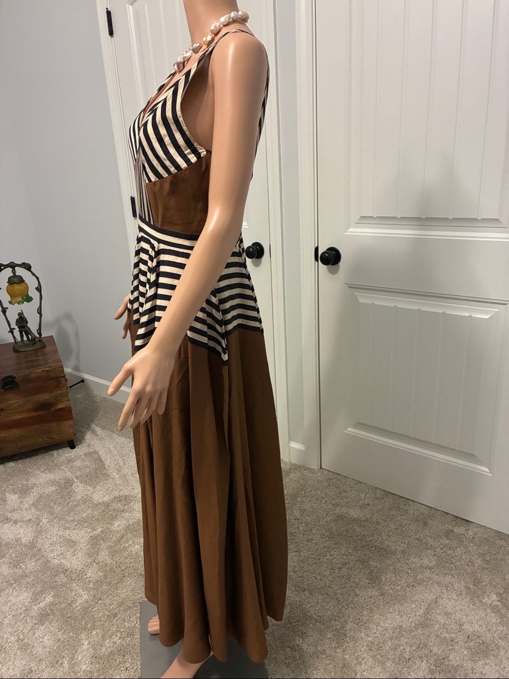 ANTONIO MELANI Black and Brown Striped V-Neck Maxi Dress - Picture 2 of 11